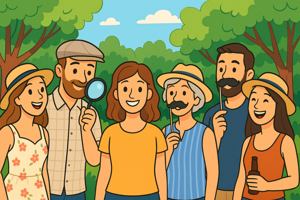 A cartoon of fun-loving friends out amongst the trees with moustaches and magnifying glasses at the ready!